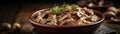 Beef Stroganoff On Stone Rustic Pub Wide Panoramic. Generative AI Royalty Free Stock Photo