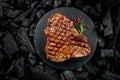 Beef T-bone steaks on BBQ grill coal. porterhouse steak or T Bone Steak. Restaurant menu, cookbook recipe. place for text, top