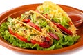 Beef tacos with salad and tomatoes salsa Royalty Free Stock Photo