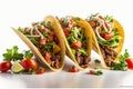 beef tacos served with salad and fresh tomatoes salsa on white background Royalty Free Stock Photo