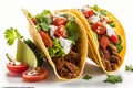 beef tacos served with salad and fresh tomatoes salsa on white background Royalty Free Stock Photo