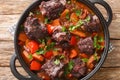 Beef tail oxtail stew cooked in traditional spanish food rabo de toro closeup on a pot on the table. Horizontal top view Royalty Free Stock Photo