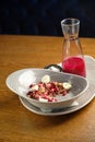 Beef tartar with salad and garlic toast on dark bread Royalty Free Stock Photo