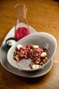 Beef tartar with salad and garlic toast on dark bread Royalty Free Stock Photo