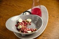 Beef tartar with salad and garlic toast on dark bread Royalty Free Stock Photo