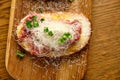 Beef tartar with salad and garlic toast on dark bread Royalty Free Stock Photo