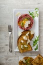 Beef tartar, toast bread with garlic Royalty Free Stock Photo