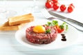 Beef tartare with egg yolk Royalty Free Stock Photo