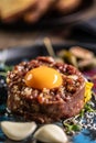Beef tartare with egg yolk on a plate with garlic and toasted bread Royalty Free Stock Photo