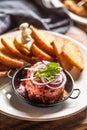 Beef tartare with red onion toast bread and garlic Royalty Free Stock Photo