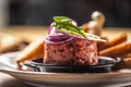 Beef tartare with red onion toast bread and garlic