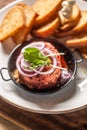 Beef tartare with red onion toast bread and garlic Royalty Free Stock Photo