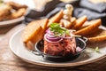 Beef tartare with red onion toast bread and garlic Royalty Free Stock Photo