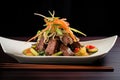 beef teriyaki entree garnished with red ginger strips Royalty Free Stock Photo