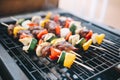 beef teriyaki and vegetable kabobs on a charcoal grill Royalty Free Stock Photo