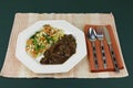 Beef Tips in Gravy and Carrots, Corn and Asparagus Dinner Royalty Free Stock Photo