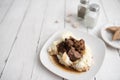 Beef tips with gravy on mashed potatoes Royalty Free Stock Photo