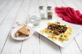 Beef tips over bow tie pasta and Alfredo sauce Royalty Free Stock Photo