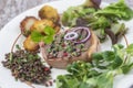 Beef tournedos and roquefort sauce with roasted potatoes and salad ans lentils on awhite plate grey background