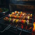 Beef and vegetable Kabobs on open flame grill Royalty Free Stock Photo