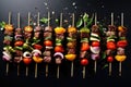 Beef And Vegetable Kebabs Aesthetically Beautiful On A Black Background. Generative AI Royalty Free Stock Photo