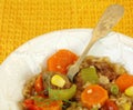 Beef Vegetable Stew with Yellow Background.