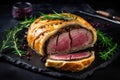 Beef wellington dish food. Generate Ai Royalty Free Stock Photo