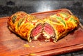 Beef Wellington of filet mignon with thinly sliced, thinly sliced, laminated pastry. Royalty Free Stock Photo