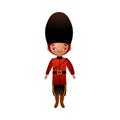 Beefeater English soldier in traditional red clothes with long black hat. Vector illustration in flat cartoon style