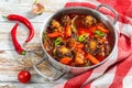 Beefl soup in cooking pot, close-up Royalty Free Stock Photo