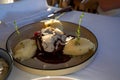 Beefsteak served with fresh black truffle mushroom and balls of mashed potato in French restaurant Royalty Free Stock Photo