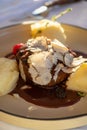 Beefsteak served with fresh black truffle mushroom and balls of mashed potato in French restaurant Royalty Free Stock Photo