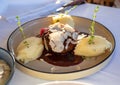 Beefsteak served with fresh black truffle mushroom and balls of mashed potato in French restaurant Royalty Free Stock Photo