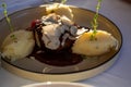 Beefsteak served with fresh black truffle mushroom and balls of mashed potato in French restaurant Royalty Free Stock Photo