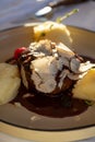 Beefsteak served with fresh black truffle mushroom and balls of mashed potato in French restaurant Royalty Free Stock Photo