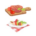 Beefsteak and Skewer Icons Vector Illustration