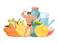 Beefy man athletic build character person healthy fruit vegetable food isolated on white, flat vector illustration