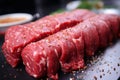 Beefy perfection raw meat close up, cooking meat rolls in class