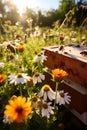 Beehive apiary bees and flowers in the meadow. Generative AI,