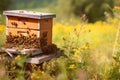 Beehive with bee colony in a meadow in summer, honey production, generative AI