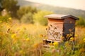 Beehive with bee colony in a meadow in summer, honey production, generative AI