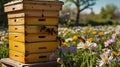 A beehive with bees buzzing around fresh spring flowers Royalty Free Stock Photo