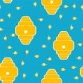 Beehive and bees pattern seamless. Home for bee cartoon style. Background Vector