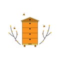 Beehive icon with bees and tree branches. Forest bee farm concept. Logo or design element for web design isolated on