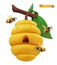 Beehive on tree branch and honey bees