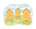 Beehives with bees in a clearing. Spring illustration depicting wooden beehives standing in a clearing and bees flying