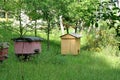 Beehives with bees in the garden. Bee houses