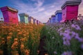 beehives in a colorful flower field Royalty Free Stock Photo