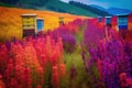 beehives in a colorful flower field Royalty Free Stock Photo