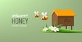 Beeihive home with bees flying and grass with flowers 3d vector illustration